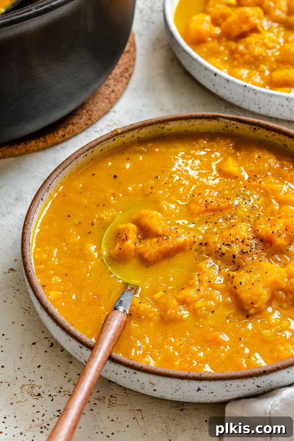 Creamy Curried Butternut Squash Soup 2 Completed Curried Butternut Squash Soup in a bowl.